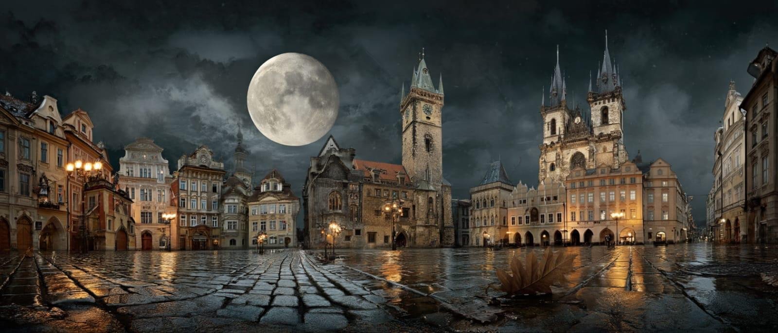 Giant moon over Old Town Square with a dried oak leaf in foreground