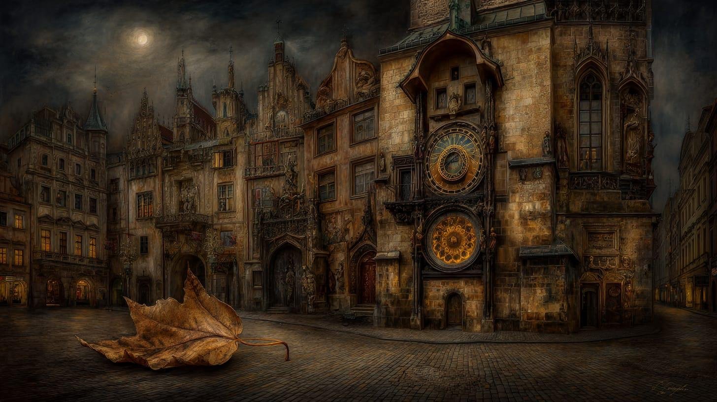 The Orloj astronomical clock with a dried oak leaf