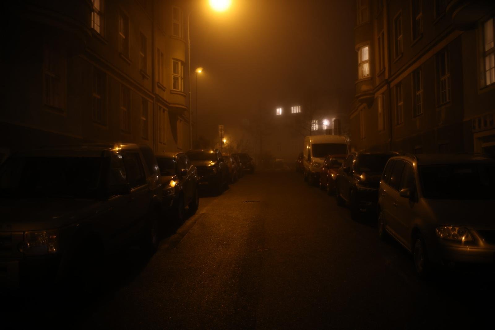 Pod Bastami foggy at night, the slope beneath the castle wall